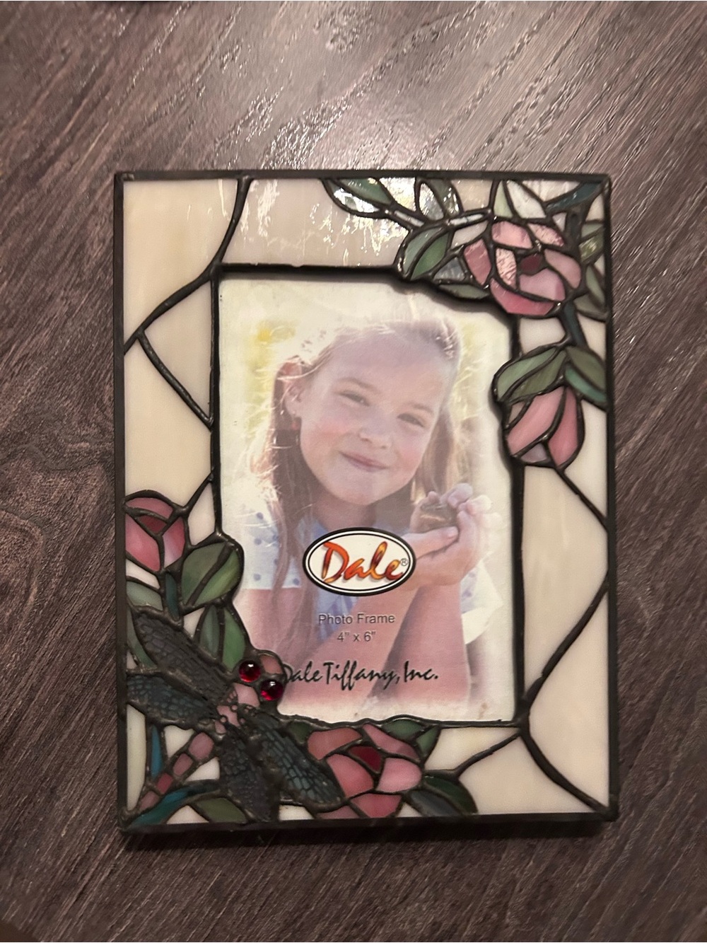 Dale Tiffany Pink Rose & Green Leaf Stained Glass Picture Frame Dragonfly